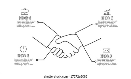 Doodle infographic handshake with 4 options. Hand drawn icons. Thin line partnership illustration.