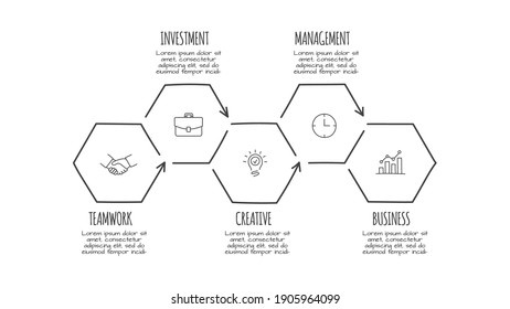 Doodle infographic hexagon elements with 5 options. Hand drawn icons. Thin line illustration.