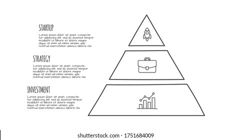 Pirámide de infografía con tres opciones. Iconos dibujados a mano. Ilustración de línea delgada.