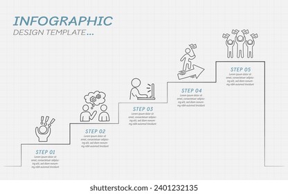 Doodle infographic stairs template. 5 Step timeline journey. Working concept of office people with 4 options, vector illustration.