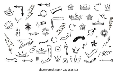 Doodle infographics elements vector for social media. Symbols for web, app, social net in hand drawn doodle style. Hand drawn arrows, crowns, heart, check, cross icons and lightning signs.
