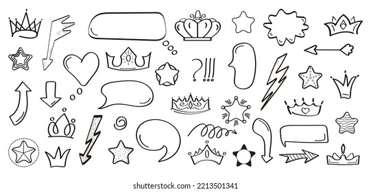Elementos infográficos de Doodle vectores para medios sociales. Símbolos para web, app, red social en estilo doodle dibujado a mano. Flechas dibujadas a mano, coronas, corazón, cheque, iconos cruzados y señales de relámpago.