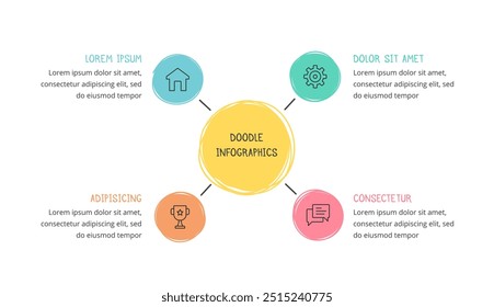 Infografía de Doodle, Plantilla dibujada a mano del diagrama circular con 4 Elementos, Vector eps10 ilustración