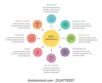 Doodle-Infografiken, handgezeichnete Kreisdiagrammvorlage mit 8 Elementen, Vektorgrafik eps10