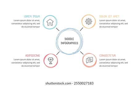 Doodle infographics, hand drawn circle diagram template with 4 elements, vector eps10 illustration