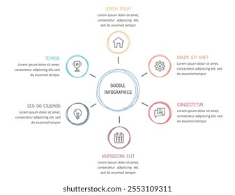 Desenhar infográficos, modelo de diagrama de círculo desenhado à mão com 6 elementos, ilustração eps10 vetorial