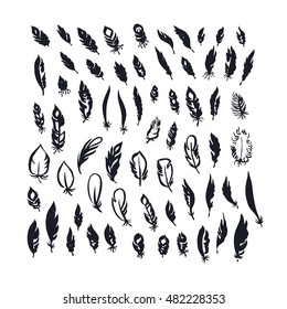 Doodle ink decorative feathers. Hand drawn traced design set. Vector collection.