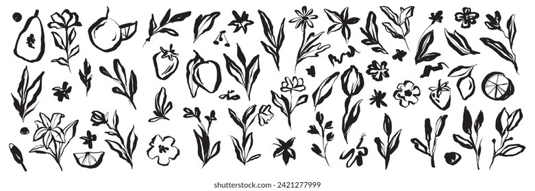 Doodle ink floral sketch set, vector flower brushstroke collection, hand drawn organic icon kit. Abstract naive botanical outline modern spring decoration design element. Doodle floral texture clipart