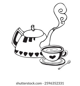 Doodle ink vector teapot with steam and a cup with a spoon