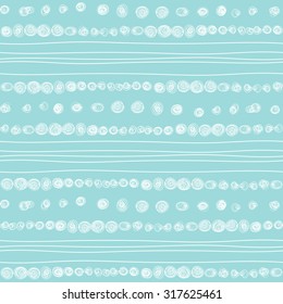 Doodle inky white and blue hand drawn abstract circles and wavy stripes pattern. Vector seamless geometric ornament. Borders and brush lines set.