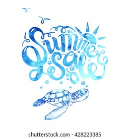 Doodle inscription in watercolor - Summer Sale. The inscription painted by hand with watercolor. Banner for seasonal sales. The turquoise, blue colors. With sea turtle.