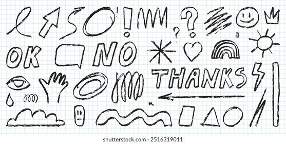 Doodle inscriptions, various handwritten shapes, arrows, strokes and scribbles in the style of pencil drawings. Black design elements.