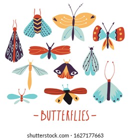 Doodle insect collection. Beautiful exotic butterflies and moths set. Cute cartoon modern flat style. Bright summer illustration. Hand drawn decorative elements. Colorful isolated vector