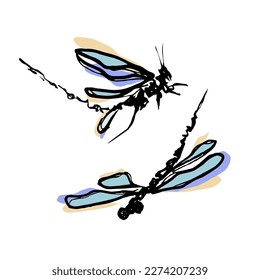 Doodle insects. Collection with spring and summer insects, bugs. Hand drawing vector illustration. Isolated object of insect and fly icon. Dragonfly