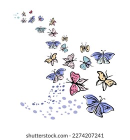 Doodle insects. Collection with spring and summer insects, bugs. Hand drawing vector illustration. Isolated object of insect and fly icon. Butterfly 