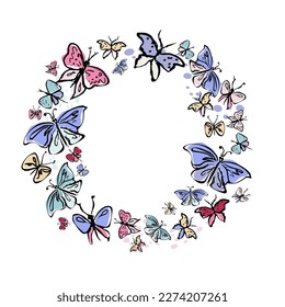 Doodle insects. Collection with spring and summer insects, bugs. Hand drawing vector illustration. Isolated object of insect and fly icon. Butterfly 