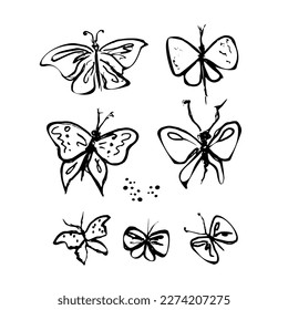 Doodle insects. Collection with spring and summer insects, bugs. Hand drawing vector illustration. Isolated object of insect and fly icon. Butterfly