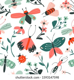 Doodle insects and flowers seamless pattern. Butterflies and moths texture for fabric, paper. Cute cartoon modern flat illustration. Hand drawn decorative spring or summer isolated vector