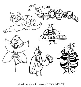Doodle insects musicians. Butterfly - ballet dancer. black and white graphics