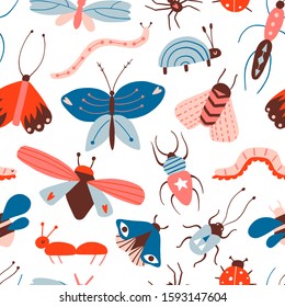 Doodle insects seamless pattern. Beetle, ant, butterfly, moth, worm. Cute cartoon modern flat style illustration. Hand drawn decorative texture for fabric, wallpaper. Colorful isolated vector  