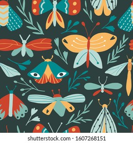Doodle insects seamless patterns. Beautiful exotic butterflies and moths with flowers and leaves. Cute cartoon modern flat style illustration. Hand drawn decorative floral texture. Spring or summer 