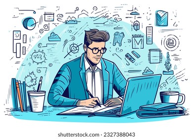Doodle inspirado Actuario preparando informes financieros, pegatinas de dibujos animados, boceto, vector, ilustración