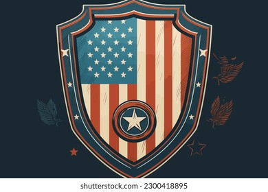 Doodle inspired American shield, cartoon sticker, sketch, vector, Illustration