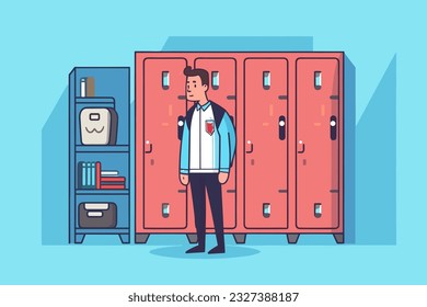 Doodle inspired Athlete manager at locker room, cartoon sticker, sketch, vector, Illustration