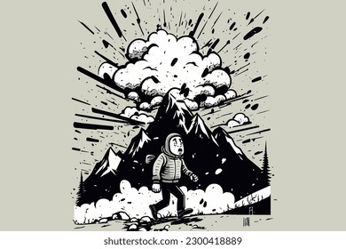 Doodle inspired avalanche survivor, cartoon sticker, sketch, vector, Illustration