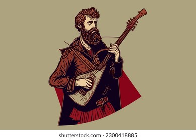 Doodle inspired Balalaika player, cartoon sticker, sketch, vector, Illustration