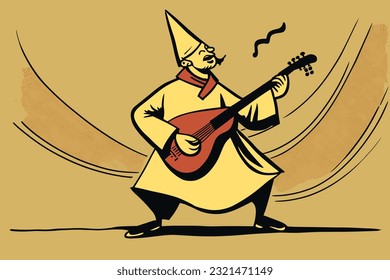 Doodle inspired Balalaika player, cartoon sticker, sketch, vector, Illustration