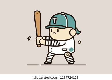 Doodle inspired Baseball player, cartoon sticker, sketch, vector, Illustration