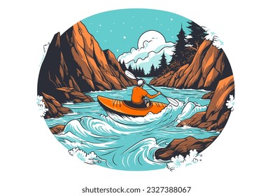 Doodle inspired Canoer navigating rapids, cartoon sticker, sketch, vector, Illustration