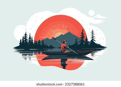 Doodle inspired Canoer steering the canoe, cartoon sticker, sketch, vector, Illustration