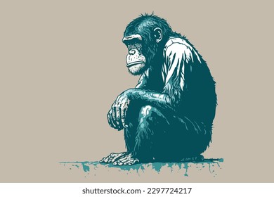 Doodle inspired Chimpanzee, cartoon sticker, sketch, vector, Illustration