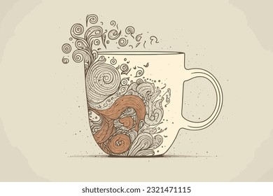 Doodle inspired Coffee mug, cartoon sticker, sketch, vector, Illustration
