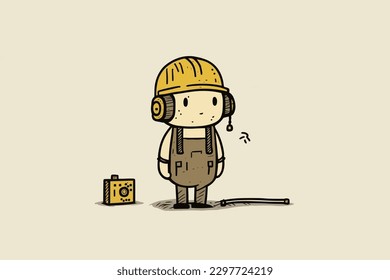 Doodle inspired Construction worker, cartoon sticker, sketch, vector, Illustration