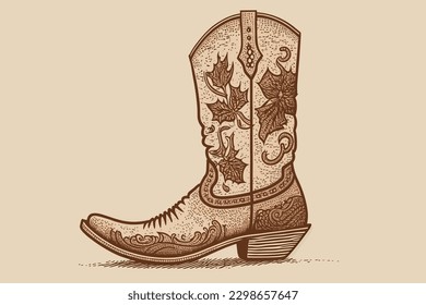 Doodle inspired Cowboy boot, cartoon sticker, sketch, vector, Illustration svg
