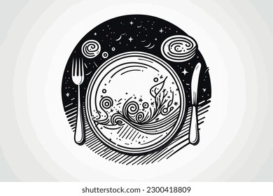 Doodle inspired Fancy Dinner Plate, cartoon sticker, sketch, vector, Illustration