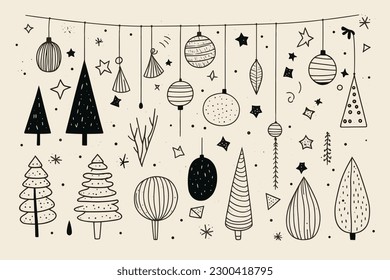 Doodle inspired Festive Decorations, cartoon sticker, sketch, vector, Illustration