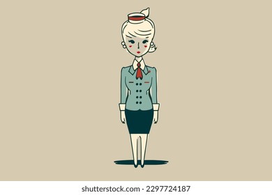 Doodle inspired Flight attendant, cartoon sticker, sketch, vector, Illustration