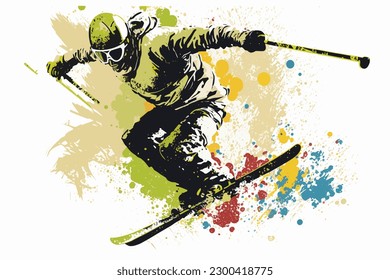 Doodle inspired freestyle skier, cartoon sticker, sketch, vector, Illustration