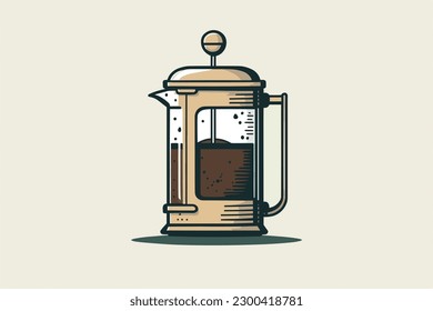 Doodle inspired French press, cartoon sticker, sketch, vector, Illustration