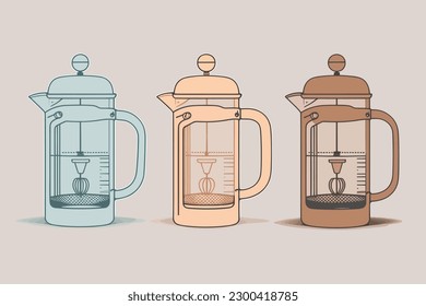 Doodle inspired French press, cartoon sticker, sketch, vector, Illustration