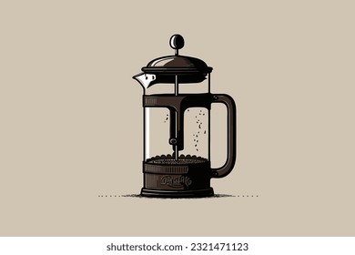 Doodle inspired French press, cartoon sticker, sketch, vector, Illustration