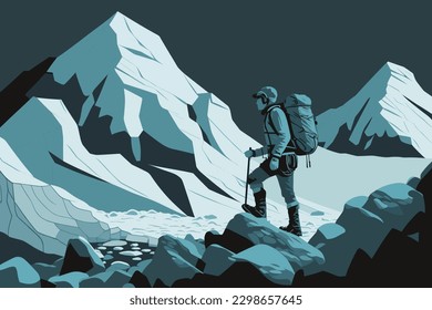 Doodle inspired Glacier trekker, cartoon sticker, sketch, vector, Illustration