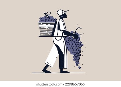 Doodle inspired Grape picker, cartoon sticker, sketch, vector, Illustration