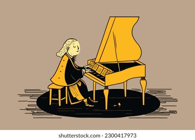 Doodle inspired Harpsichordist, cartoon sticker, sketch, vector, Illustration