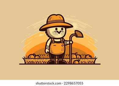 Doodle inspired Harvest worker, cartoon sticker, sketch, vector, Illustration