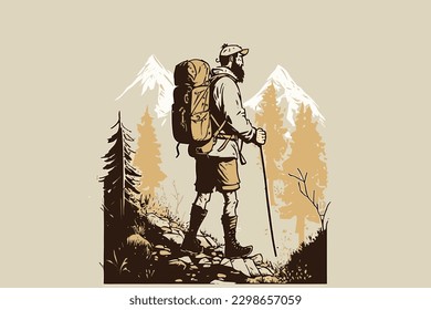 Doodle inspirierte Hiker, Cartoon-Aufkleber, Skizze, Vektorgrafik, Illustration